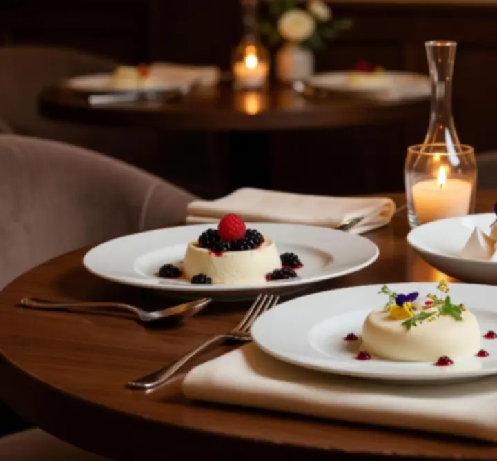 Stół z eleganckimi deserami w restauracji Play Insight Zone.