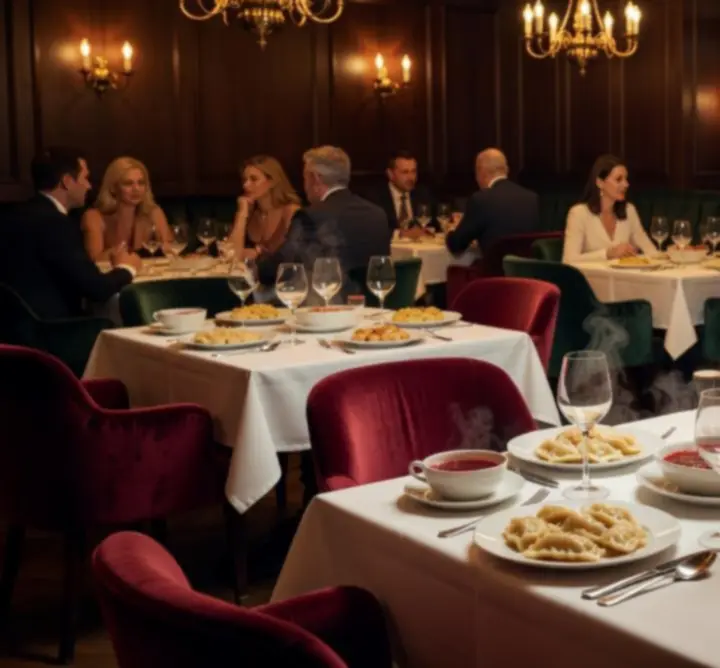 Elegancki stół w restauracji Play Insight Zone z nakryciami i nastrojowym oświetleniem.
