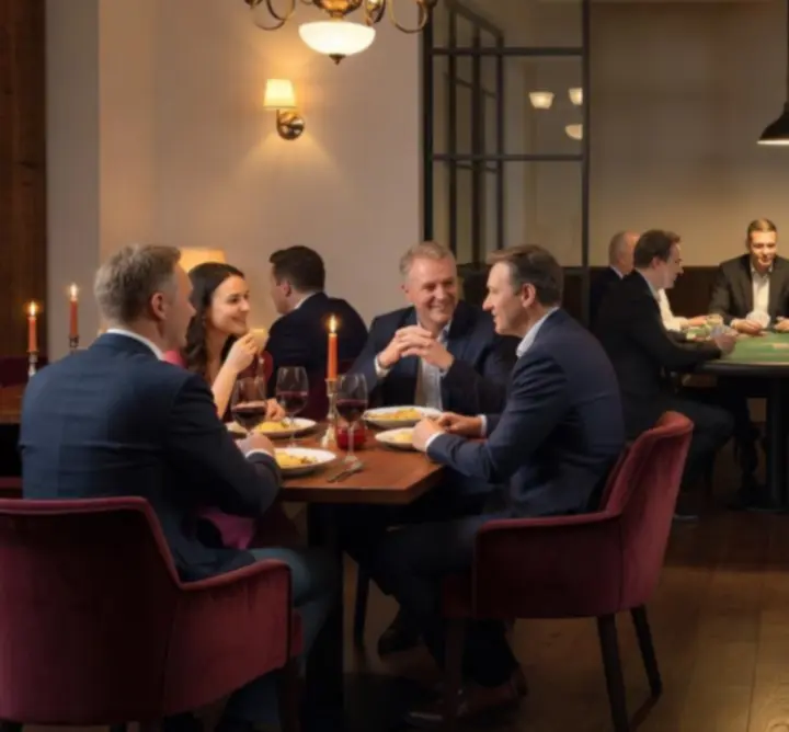 Eleganckie wnętrze restauracji Play Insight Zone z nastrojowym oświetleniem i pokerowym stołem