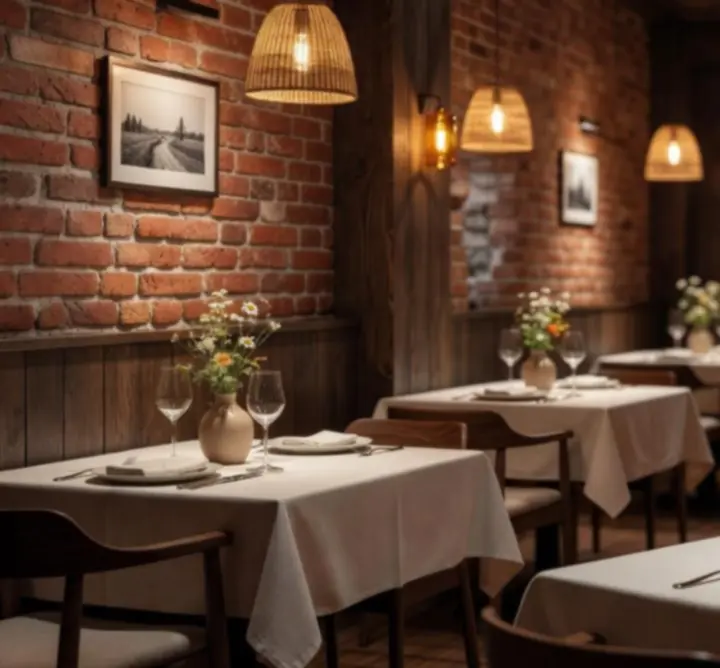Wieczorna aranżacja wnętrza restauracji Play Insight Zone z nastrojowym światłem